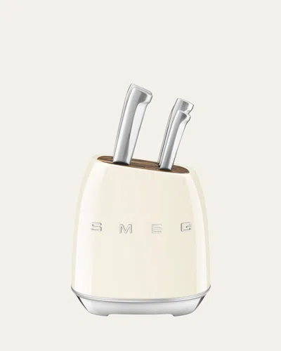 Smeg 7-piece Knife Block Set, Pastel Blue In Cream