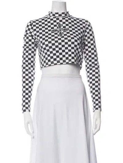 Pre-owned Smfk Plaid Print Mock Neck Crop Top In White