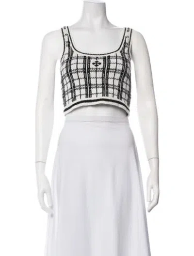 Pre-owned Smfk Plaid Print Square Neckline Crop Top In White