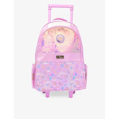 Smiggle Girls Pink Kids Cosmos Light-up Wheeled Woven Trolley Backpack