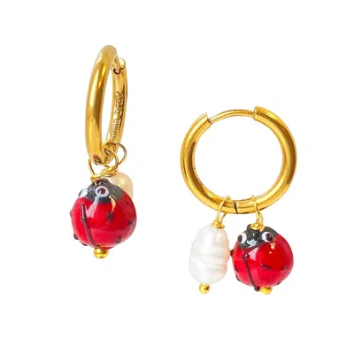 Smilla Brav Gold / Black / Red Pearl Hoop Earrings Ladybug In Multi