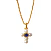 Smilla Brav Women's Gold / Blue / White Cross Pearl Necklace Bella