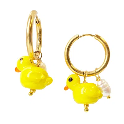 Smilla Brav Women's Yellow / Gold / White Pearl Hoop Earrings Ducky Duck In Multi