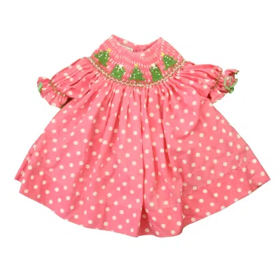 Pre-owned Smocked Runway Kids' Girls Pink White Christmas Trees Blouse