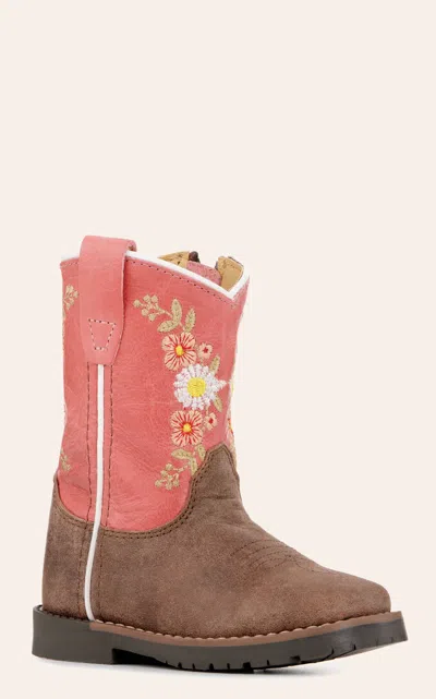 Smoky Mntn Babies' Smoky Mountain Toddler Girls Autry Coral And Chocolate Floral Wide Square Toe Cowboy Boots In Brown
