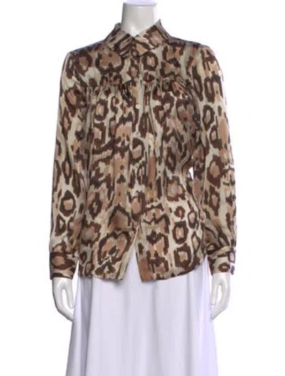 Pre-owned Smythe Animal Print Long Sleeve Button-up Top In Brown