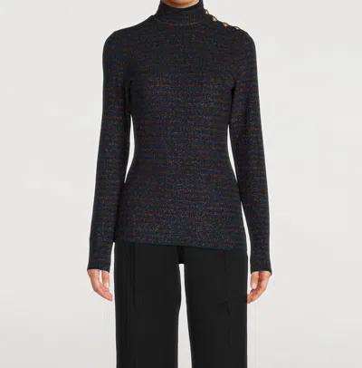 SMYTHE BUTTONED TURTLENECK SWEATER IN BLUE/BRONZE METALLIC STRIPE
