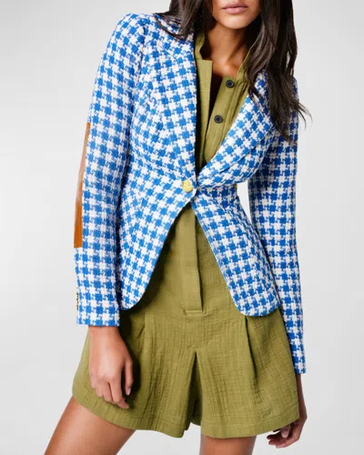 Smythe Elbow-patch Tweed Houndstooth Duchess Blazer In Azure Houndstooth