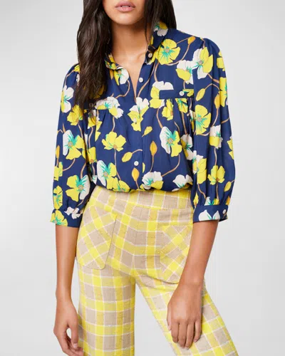 Smythe Shirred Pocket Floral Button-up Shirt In Navy Buttercup