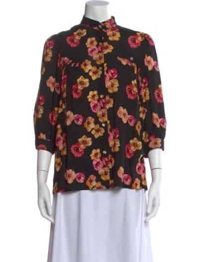 Pre-owned Smythe Floral Print Mock Neck Blouse In Black