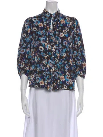 Pre-owned Smythe Floral Print Mock Neck Blouse In Blue