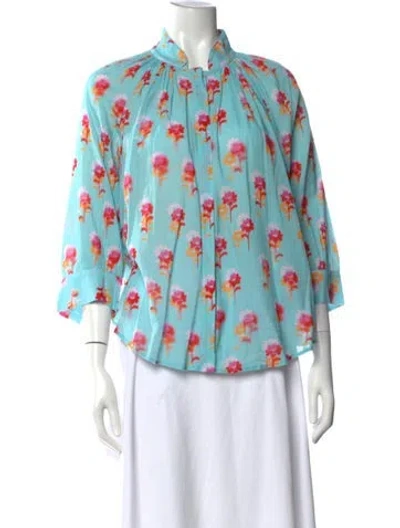 Pre-owned Smythe Floral Print Mock Neck Blouse In Blue