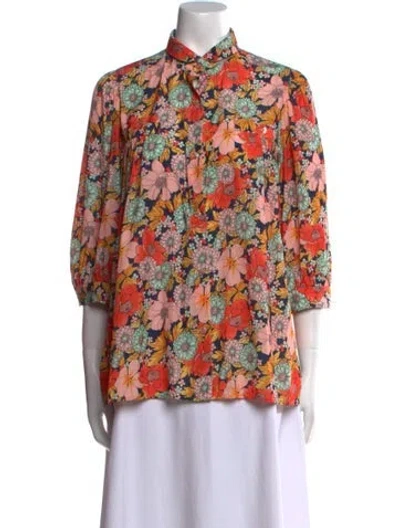 Pre-owned Smythe Floral Print Mock Neck Blouse In Orange