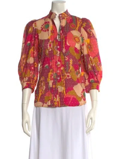 Pre-owned Smythe Floral Print Mock Neck Button-up Top In Pink
