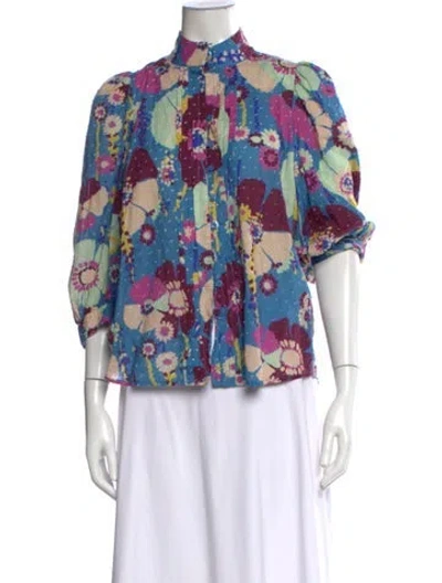 Pre-owned Smythe Floral Print Short Sleeve Blouse In Blue