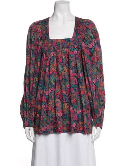 Pre-owned Smythe Floral Print Square Neckline Blouse In Blue