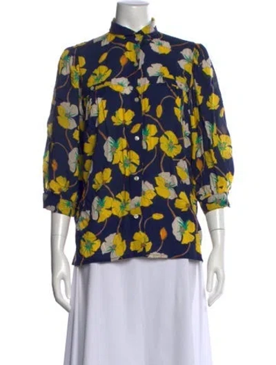 Pre-owned Smythe Floral Print Three-quarter Sleeve Blouse In Blue