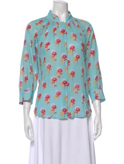 Pre-owned Smythe Floral Print Three-quarter Sleeve Blouse In Blue
