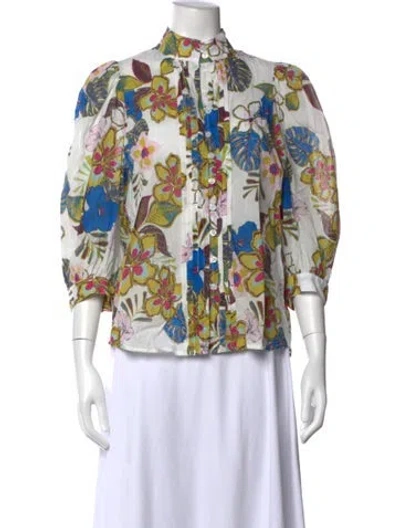 Pre-owned Smythe Floral Print Three-quarter Sleeve Blouse In Blue