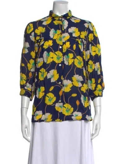 Pre-owned Smythe Floral Print Three-quarter Sleeve Blouse In Blue