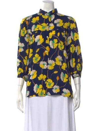 Pre-owned Smythe Floral Print Three-quarter Sleeve Blouse In Blue