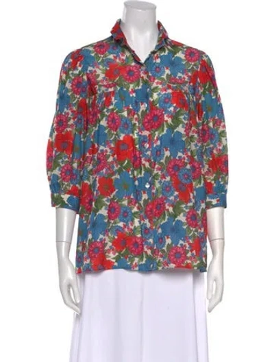 Pre-owned Smythe Floral Print Three-quarter Sleeve Blouse In Blue