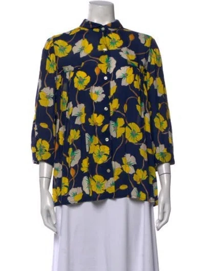 Pre-owned Smythe Floral Print Three-quarter Sleeve Blouse In Blue