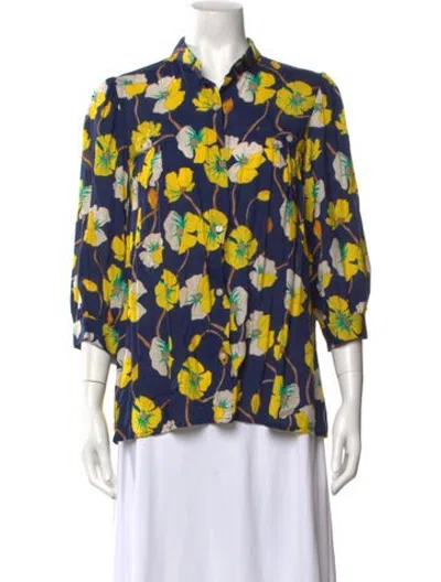 Pre-owned Smythe Floral Print Three-quarter Sleeve Blouse In Blue