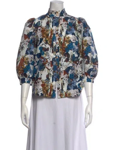 Pre-owned Smythe Floral Print Three-quarter Sleeve Blouse In White