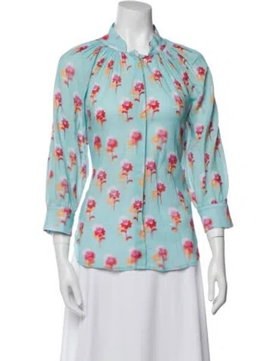 Pre-owned Smythe Floral Print Three-quarter Sleeve Button-up Top In Blue