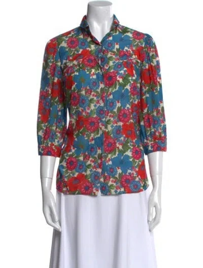Pre-owned Smythe Floral Print Three-quarter Sleeve Button-up Top In Blue
