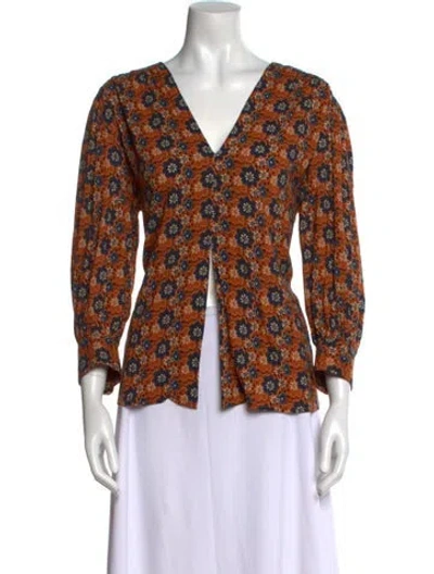Pre-owned Smythe Floral Print V-neck Blouse In Brown
