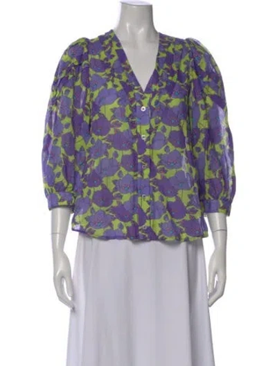 Pre-owned Smythe Floral Print V-neck Blouse In Purple