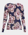 Smythe Floral Scrunch-sleeve Crewneck Top In Blue