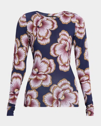 Smythe Floral Scrunch-sleeve Crewneck Top In Blue