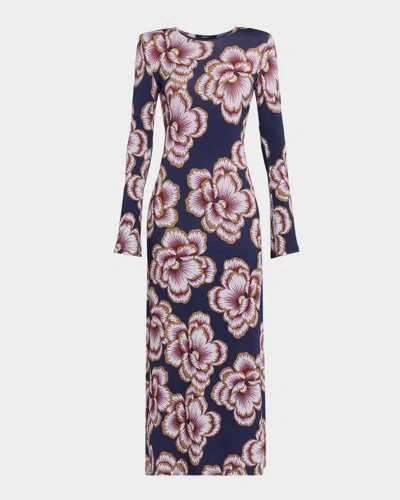 Smythe Floral Stretch Knit Crewneck Midi Dress In Blue