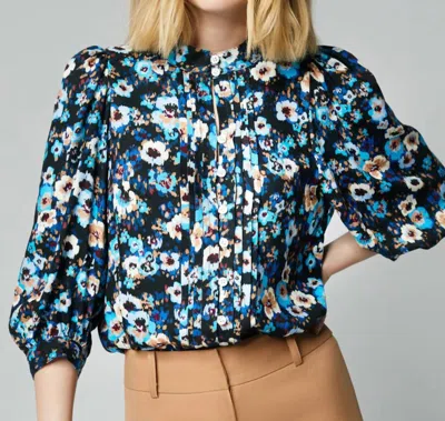 Smythe Frontier Shirred Shoulder Blouse In Midnight Blue Floral In Multi