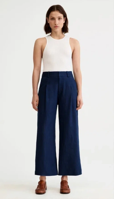 Smythe Linen Cropped Pleated Trouser In Blue