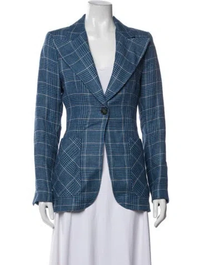 Pre-owned Smythe Linen Plaid Print Blazer In Blue