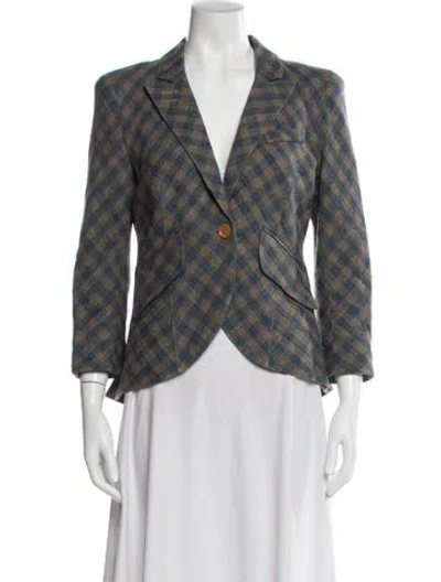 Pre-owned Smythe Linen Plaid Print Blazer In Brown