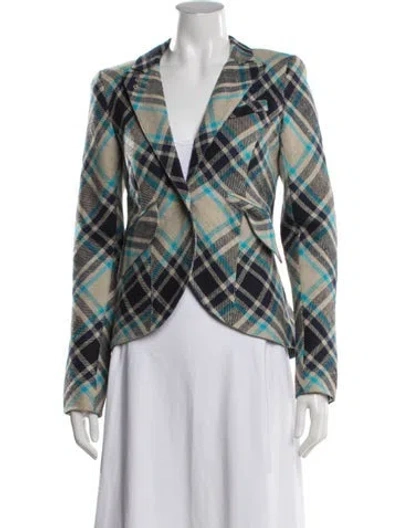 Pre-owned Smythe Linen Plaid Print Blazer In Grey