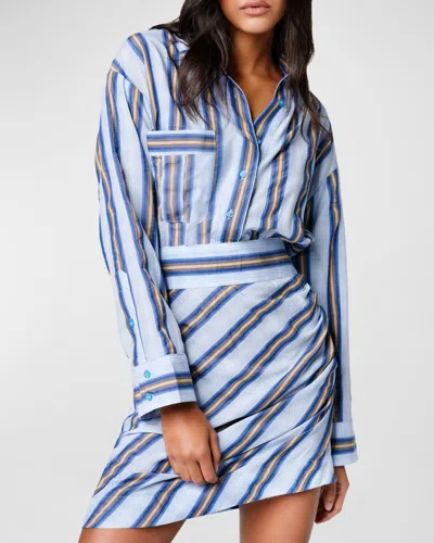 Smythe Long-sleeve Cotton Stripe Mini Shirtdress In Indigo Stripe