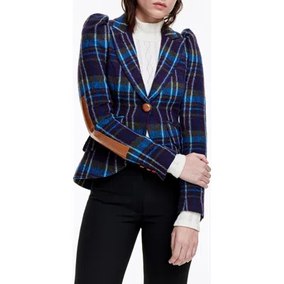 Smythe Plaid Leather Elbow Patch Wool Blazer In Blue Multi