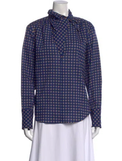 Pre-owned Smythe Plaid Print Tie Neck Blouse W/ Tags In Blue
