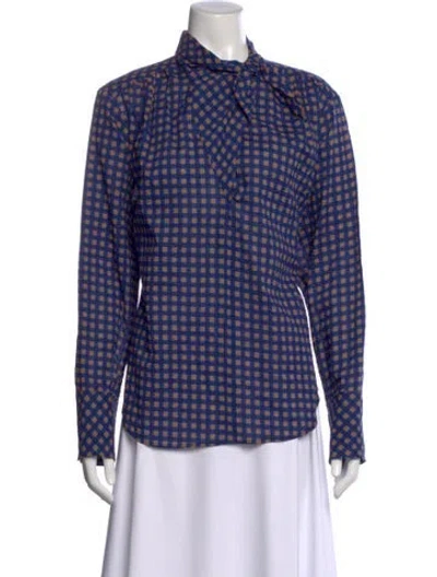 Pre-owned Smythe Plaid Print Tie Neck Top W/ Tags In Blue