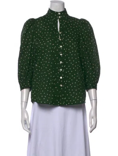Pre-owned Smythe Polka Dot Print Mock Neck Button-up Top In Green