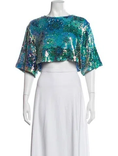 Pre-owned Smythe Printed Crew Neck Crop Top In Blue/green