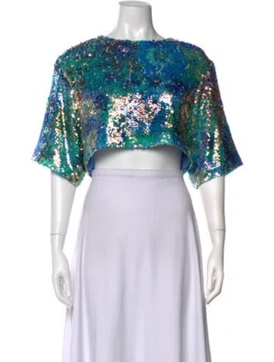 Pre-owned Smythe Printed Crew Neck Crop Top In Blue/green