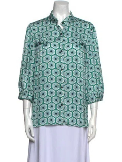 Pre-owned Smythe Printed Mock Neck Button-up Top In Blue