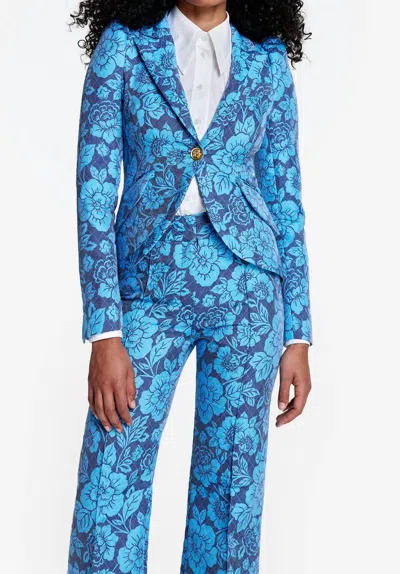 Smythe Taped Pouf Sleeve One Button Blazer In Indigo Floral In Blue